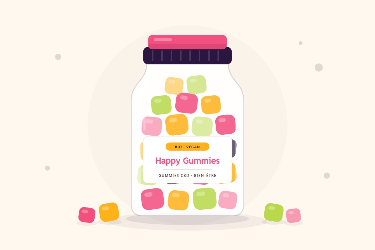Assortiment de gummies Happy Gummies présentés sur une assiette crème